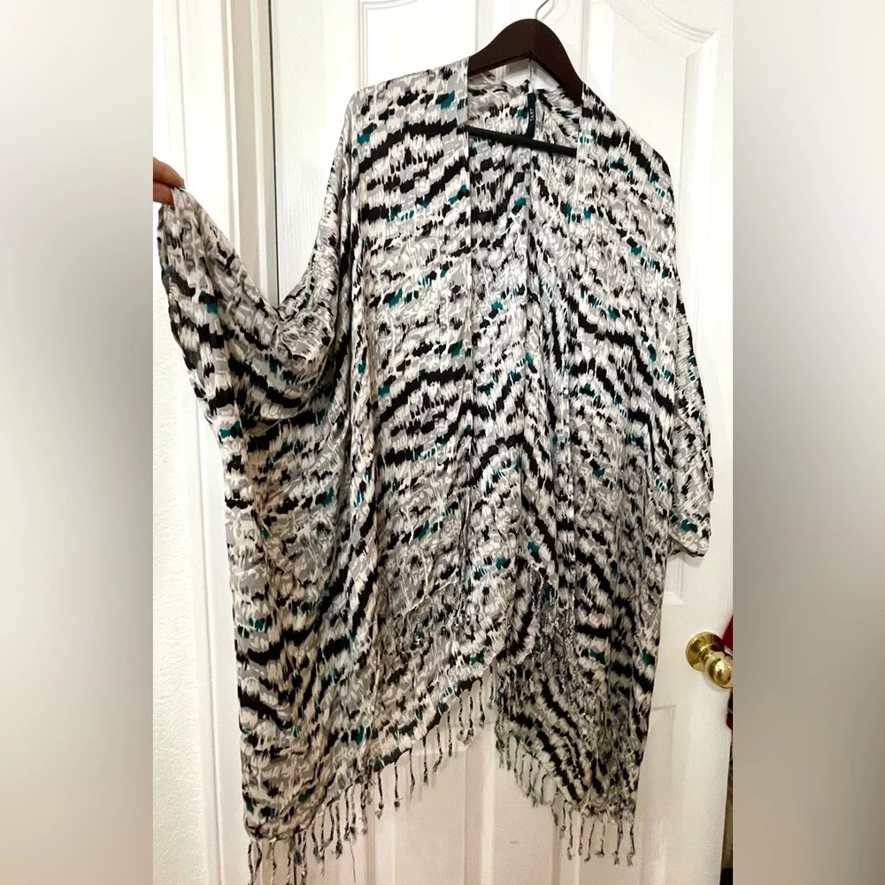 Tart Black, White & Blue Printed Swim Coverup with Fringe